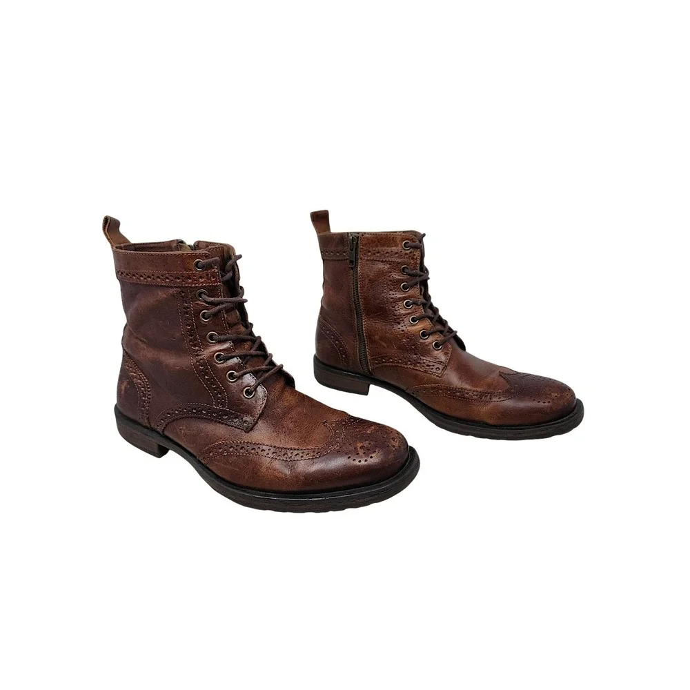 Aston Grey Wingtip Combat Boots 9 Mens Brown Leather Oxford Zip Up Distressed